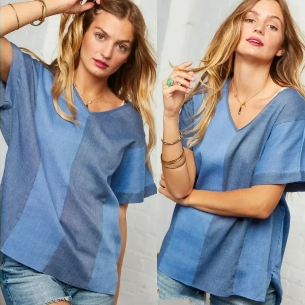 Blue Denim Look Color Block Top - Picture 2 of 4